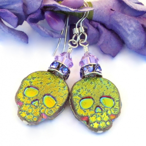 skull earrings metallic aurora borealis crystals