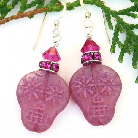 skull earrings pink fuchsia halloween day of the dead