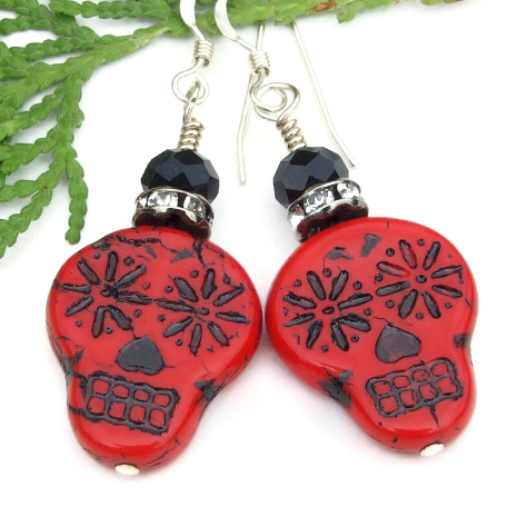 skull earrings red black halloween day of the dead sugar skulls handmade