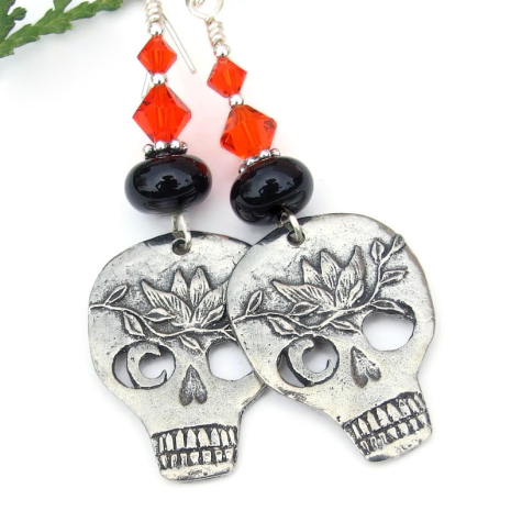 skull halloween goth handmade earrings pewter orange black jewelry