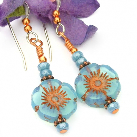 sky blue copper flower earrings handmade