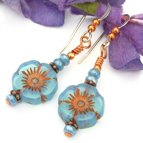 sky blue copper flower jewelry handmade