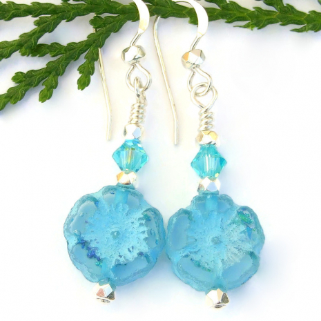 sky blue flower pansy earrings handmade swarovski crystals