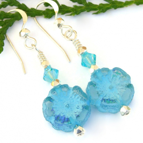 sky blue flower pansy jewelry handmade swarovski crystals