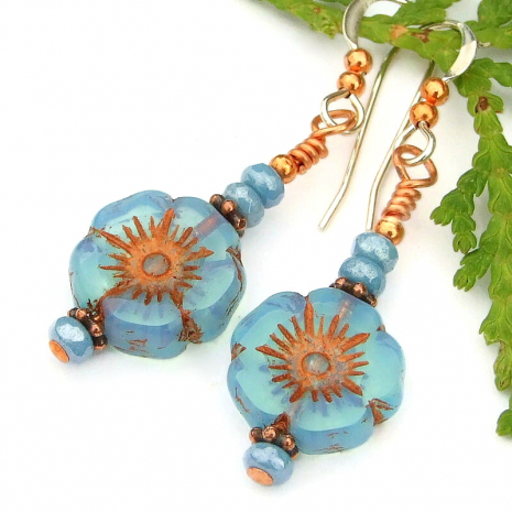 sky blue opal glass flower jewelry handmade copper