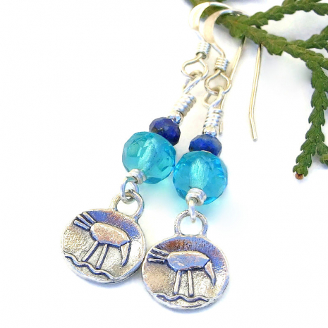small bird lover earrings sterling silver aqua blue lapis lazuli handmade