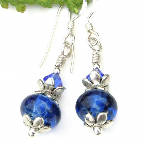 small blue handmade lampwork earrings silver swarovski crystals jewelry gift