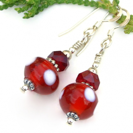 small earrings red white spots handmade lampwork glass sterling silver