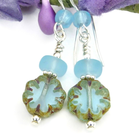 small flower earrings handmade sky blue glass