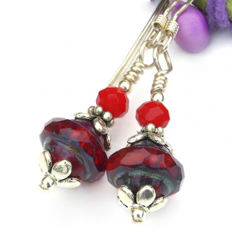 small red handmade jewelry faceted Czech glass Saturn flower caps sterling