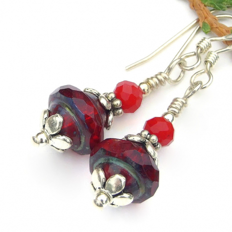 small red handmade Saturn earrings faceted Czech glass flower caps sterling