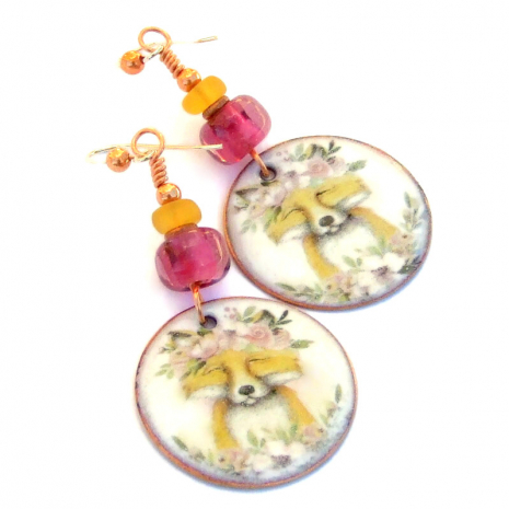 smiling fox and flowers earrings gift for her