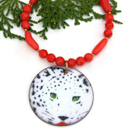 snow leopard handmade necklace red coral copper