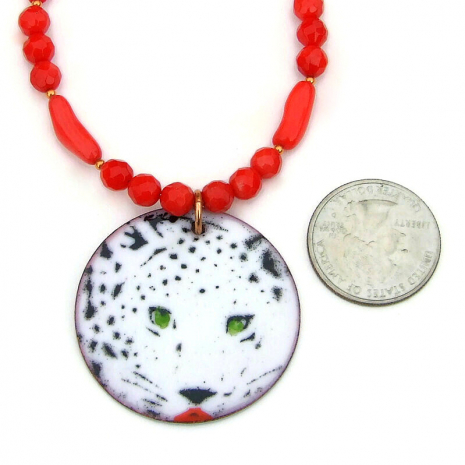 snow leopard white black enamel pendant jewelry red coral handmade necklace