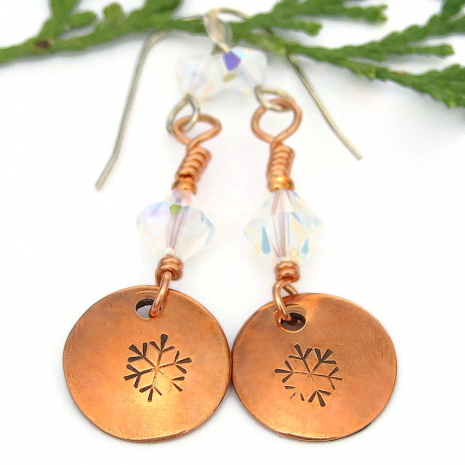 snowflake christmas earrings handmade jewelry copper swarovski crystals