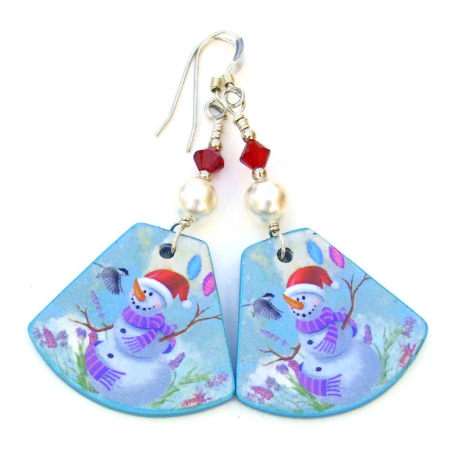 The whimsical dangles were individually artisan handmade with a snowman and chickadee permanent transfer on polymer clay. snowman chickadee christmas earrings gift for her