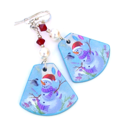 Lightweight Christmas earrings, perfect jewelry for the holidays. snowman chickadee christmas jewelry gift for her