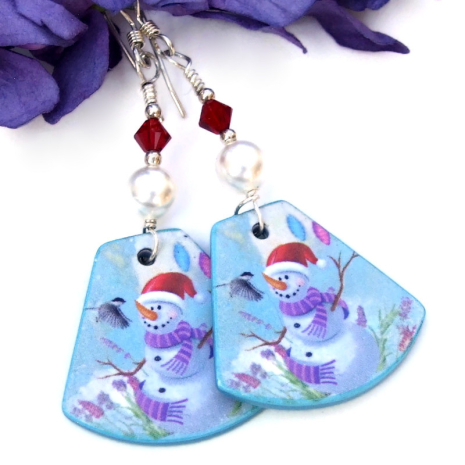 The fun Christmas earrings are approximately 2.5 inches / 6.4 cm long measured from the top curve of the sterling silver earwires. snowman chickadee jewelry christmas pearls swarovski crystals