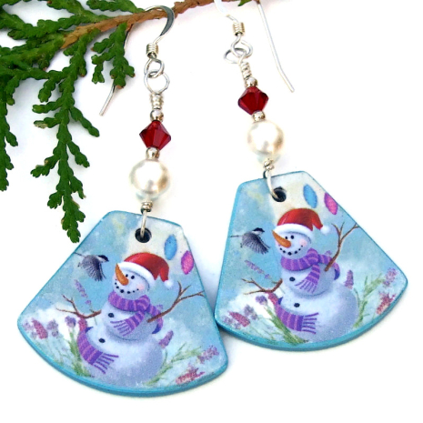 The Snowman Meets Chickadee handmade Christmas earrings feature lightweight polymer clay dangles, white Swarovski crystal pearls and red Swarovski crystals - unique holiday jewelry for women. snowman earrings christmas chickadee bird