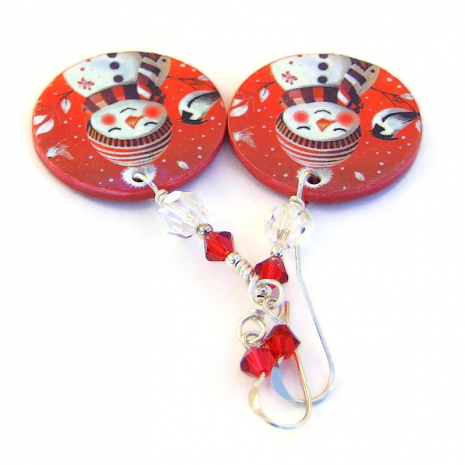 snowmen birds christmas holiday jewelry handmade red white