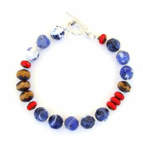 Blue Brown Red Bracelet Sodalite Gemstone Czech Glass Handmade Jewelry ...