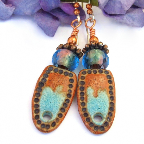 southwest boho earrings handmade ceramic czech glass