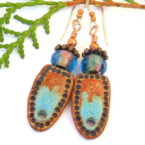 southwest boho earrings handmade turquoise blue brown copper