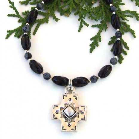 southwest cross necklace with black onyx snowflake obsidian handmade