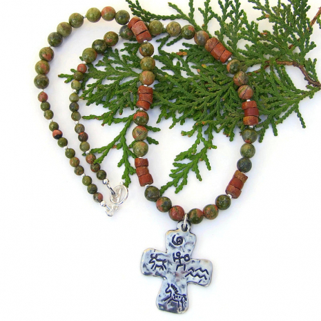 southwest petroglyph cross necklace unalite bauxite