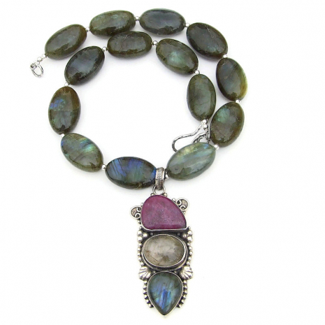 Southwest triple gemstone handmade necklace gift labradorite ruby quartz