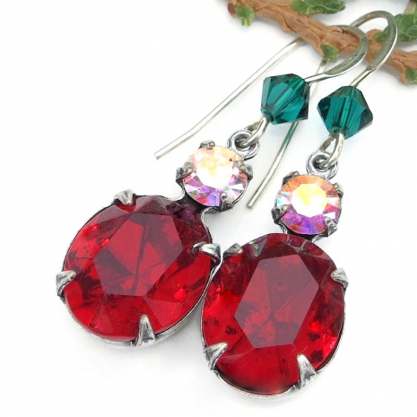 sparkling christmas holidays vintage crystal earrings red green handmade