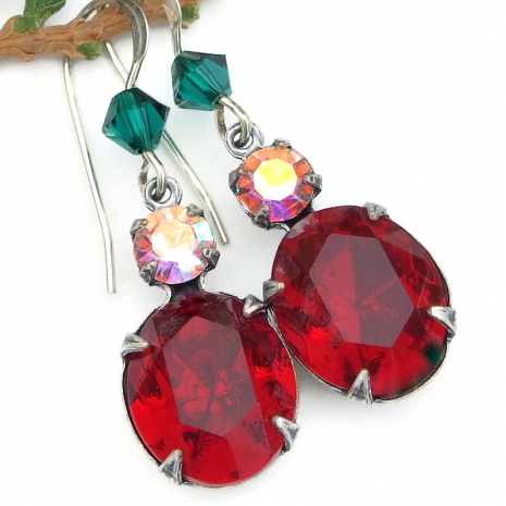 sparkling christmas holidays vintage crystal jewelry red green handmade