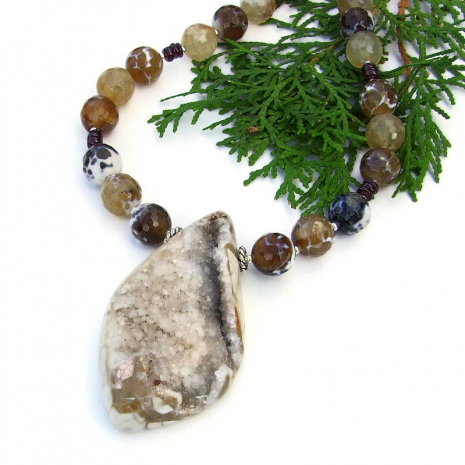 sparkling druzy pendant necklace fire agate red garnet