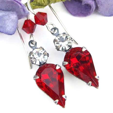 sparkling vintage red crystal earrings Christmas holidays teardrops handmade
