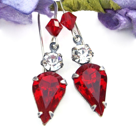 sparkling vintage red crystal jewelry Christmas holidays teardrops handmade