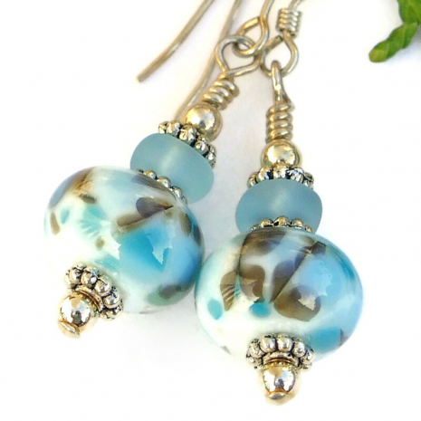 speckled aqua brown white handmade jewelry aqua Czech glass earrings gift