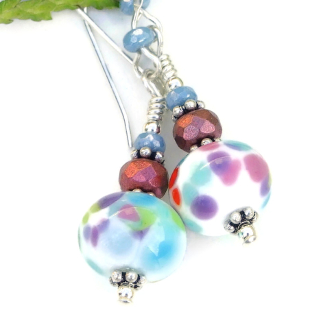 speckled pink purple blue white green lampwork glass earrings handmade colorful