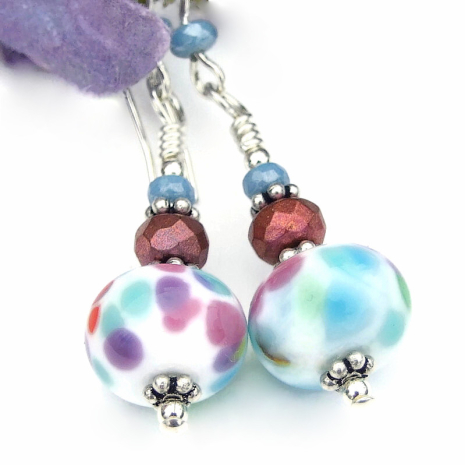 speckled pink purple blue white green lampwork glass jewelry handmade colorful