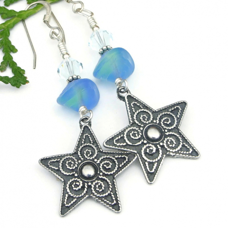 spiral flower star balinese earrings handmade blue pewter