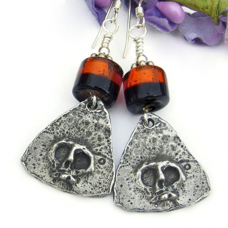 spooky goth skull halloween earrings handmade orange black