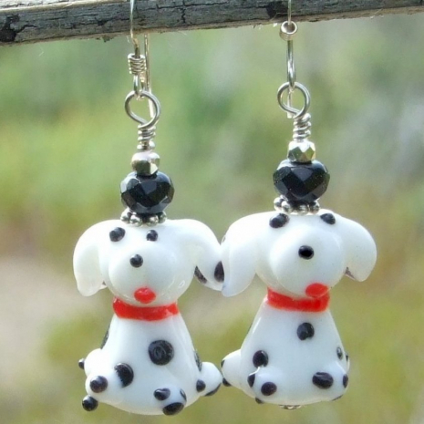 spotted dogs earrings lampwork glass onyx handmade dog lover jewelry