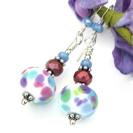 spotted frit lampwork glass earrings handmade pink blue purple white
