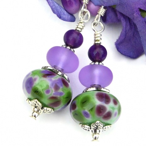 spotted purple green artisan lampwork earrings