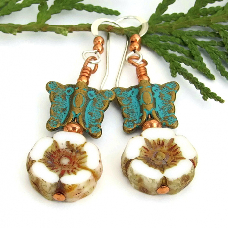 Flowers Butterflies Spring Earrings, Mykonos Copper Handmade Jewelry