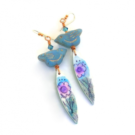 spring summer birds flowers handmade boho earrings