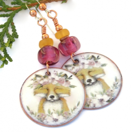 spring summer fox earrings white enamel pink lampwork amber