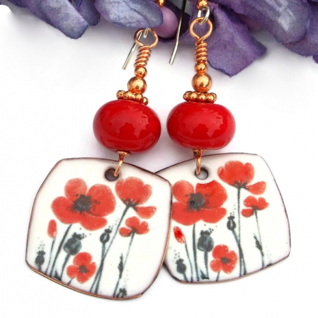spring summer red poppy earrings red lampwork copper