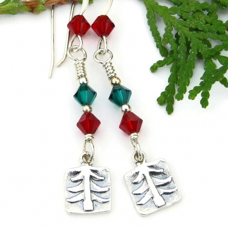 spruce trees christmas holiday earrings red green crystals sterling silver
