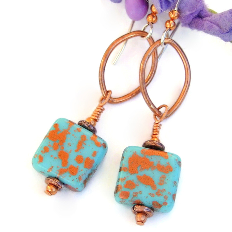 square copper splash on turquoise Czech glass earrings handmade