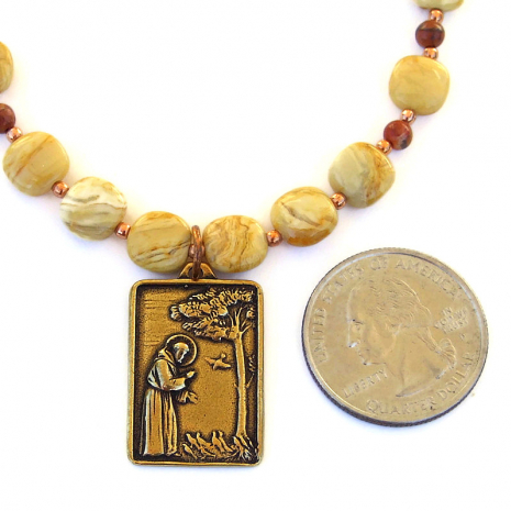 st francis gold bronze pendant necklace honey jasper rhyolite
